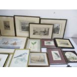 A Will Pye etching "Weymouth Harbour" along with various prints including ornithological etc.