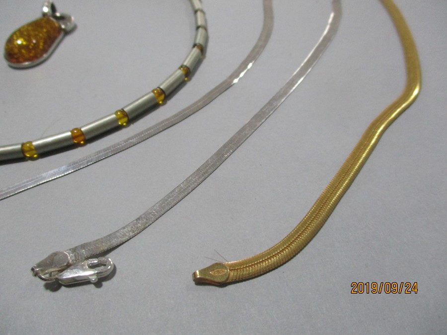 Three 925 silver necklaces along with one other, amber silver pendant and a pair of earrings. - Image 4 of 6