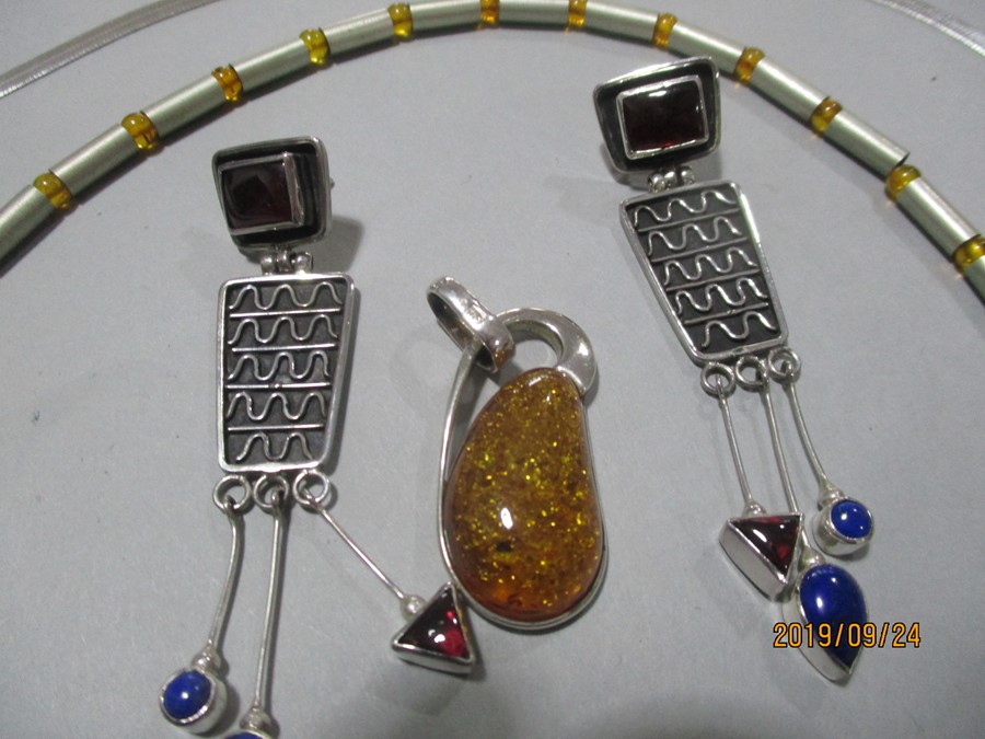 Three 925 silver necklaces along with one other, amber silver pendant and a pair of earrings. - Image 6 of 6