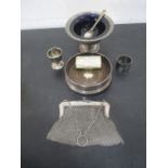 An SCM mesh purse along with a wine coaster, bowl with blue glass liner etc.