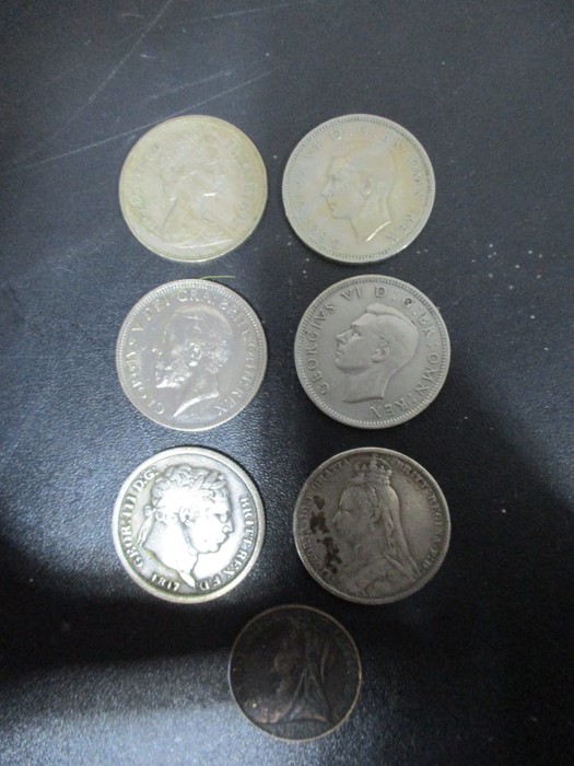 Six shilling coins dating from 1817- 1974 along with a Victorian Farthing - Image 2 of 3