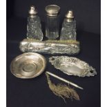 A collection of silver items including ash tray, propelling pencil, dressing table brush, silver