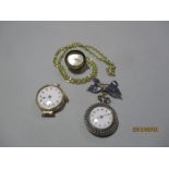 A 15ct gold ladies wrist watch along with a silver with enamel and seed pearl fob watch A/F etc