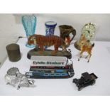 A collection of china, glass etc. including an anniversary clock, resin figure of a tiger etc.