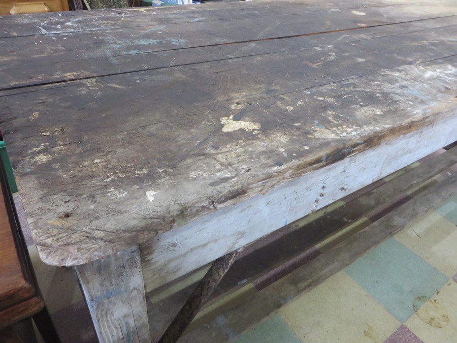 A vintage pine workbench/table with metal supports, approx 6 ft length - Image 7 of 7