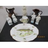 A porcelain platter decorated with a pike, Edwardian figures, copper lustre jug etc.