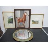 Two Ltd Edition Damon Bell monoprints, an oil of a Tang horse signed John Hargrave and a mirror