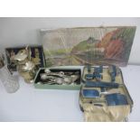 A quantity of silver plated cutlery, a part dressing table set, cut glass jug with silver plated
