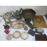 A collection of miscellaneous items including silver plated items, brass candlesticks, tea pots,