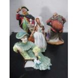 Four Royal Doulton figures, Town Crier, Falstaff, The Milkmaid and Ascot