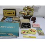 A Spidola radio, vintage hairdryer, perspex Art Deco box, model ship, nostalgia postcards etc.