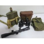 A pair of 1942 Kershaw Bino Prism NO 2 MK II binoculars, a Kassnar 4x scope, US army belt pouch with