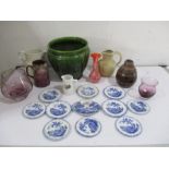 A collection of china and glass including a jardiniere, Courage water jug, Torquay and a part