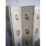 A hand painted four fold screen decorated with flowers