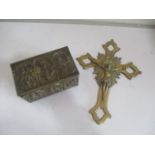 A brass crucifix (height 30cm), along with a brass box