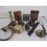 A collection of wooden ware and brass items etc including book ends, candlesticks, sun dial