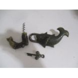 A bronze "fish" padlock with key, along with a mermaid corkscrew