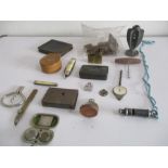 A collection of small interesting items including whistle, badges, pen knives, compass, Naval action
