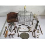A collection of various items including a wire work basket, antique letter rack, brass, metal ware
