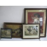 Various prints, oil painting of a harbour scene etc.