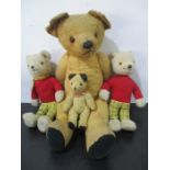 Four vintage teddy bears including two Pedigree Rupert bears