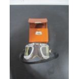 A pair of Stadium motoring goggles in leather case