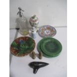 A small selection of miscellaneous items including a Chinese vase, Victorian leaf plates, whistle,
