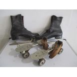 A pair of vintage ice skates along with a pair of roller skates