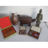A selection of various oriental items including a vase, a "Turtle" ship, miniature masks, compass,