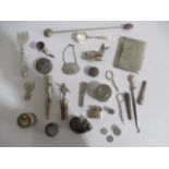 A collection of silver plated and SCM items including cigarette case, bottle stopper, pots, spoons