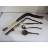 Two African fly whisk and two carved ladles etc