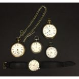 Two continental silver fob watches along with gold plated pocket watches and an Oriosa wristwatch