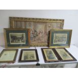 A framed tapestry along with various prints