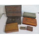 A collection of wooden boxes including a oriental style writing slope etc