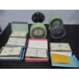 Six boxed Slava mantle clocks along with two bakelite Smiths and Westclox "Big Ben Repeater"