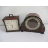 A Smiths 8-day striking clock along with another mantle clock - keys in office