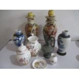 Two oriental lamps and two oriental vases along with Aynsley china etc