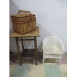 A Victorian bamboo occasional table along with a picnic basket and a child's Lloyd Loom style chair