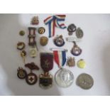 A collection of medals, millitary badges, etc