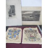 A folder of unframed watercolours and etchings including two hand painted family crests