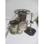 A silver plated burner a plated wine bucket and a scientific magnifying glass