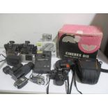 A collection of various cameras, lenses and a Cinerex 818 projector etc