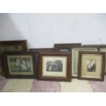 A collection of oak frames, prints and photographs