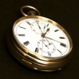 An 18ct gold pocket chronometer with split second timer and stopwatch. The white enamelled dial with