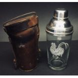 A part set of leather cased stirrup cups along with a silver plated cocktail shaker.