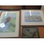 A watercolour of an eagle by R. G Le Mare along with another watercolour and an oil
