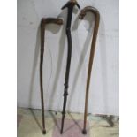 Three vintage walking sticks, one carved as a Dragon