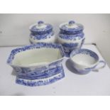 A collection of Spode Blue Italian including two lidded jars, a bowl & cup