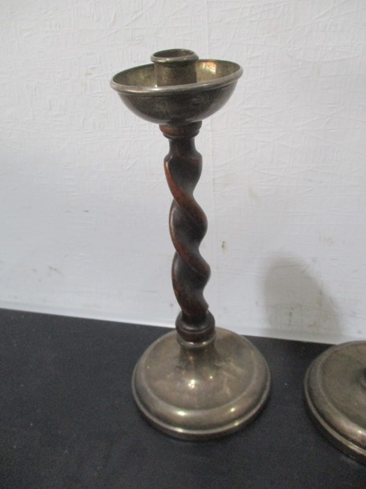 A pair of oak barley twist candlesticks with hallmarked silver sconces and bases along with a - Image 2 of 7