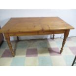 A pine farmhouse style table with two drawers